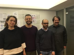 Da sinistra i tre designer finalisti Irene Guerrieri, Roberto Rota, Arturo Teramo e l'imprenditore Pizzi di Onore